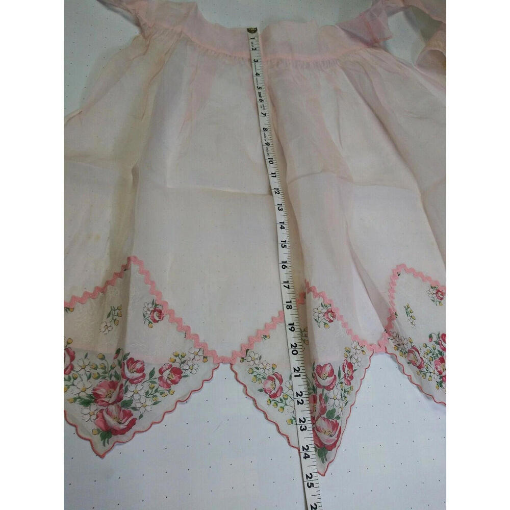 40s 50s Silk Organza Apron Mother Daughter Set Light Pink Red Roses Handkerchief - Picture 5 of 16